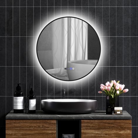 Miroir de salle de bain rond avec éclairage LED, intensité variable anti-buée, interrupteur tactile, noir