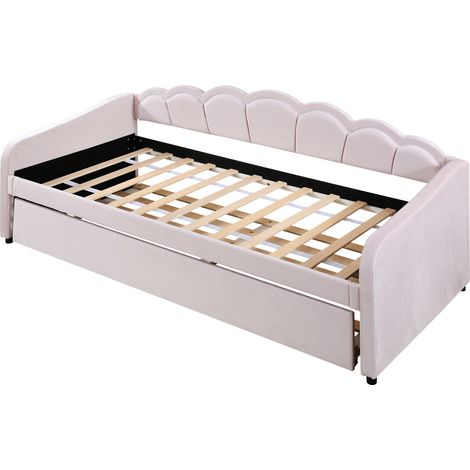 Cama diván 90 x 200 cm de terciopelo rosa con cama nido, LED ambiental, sin colchón (1/5)