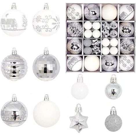 Set di 44 palline di Natale decorative in plastica - Argento e bianco