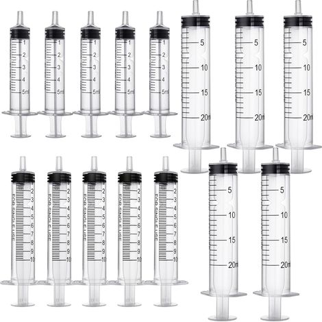 15 Pièces Seringue Set, 5 ml 10 ml 20 ml Seringue Plastique, Scellées Individuellement Stériles Seringue Plastique pour Expérience, Alimentation Animale, la Mesure du Liquide (1/5)