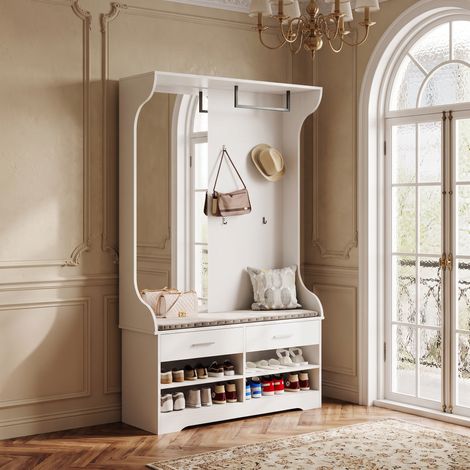 Ensemble de meubles d'entrée, 104x35x180cm, Porte manteau multifonction avec étagère à chaussures et 2 tiroirs, 4 patères robustes,avec Miroir, Blanc (1/5)