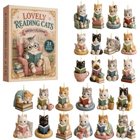 Adventskalender „Lesende Katze“ 2026 – 24-teilig – mehrfarbig – Acryl – 8 cm flache Anhänger – Katzen mit Buchmotiv – Christbaumschmuck – geeignet für Weihnachten und als Dekoration im Innenbereich (1/5)