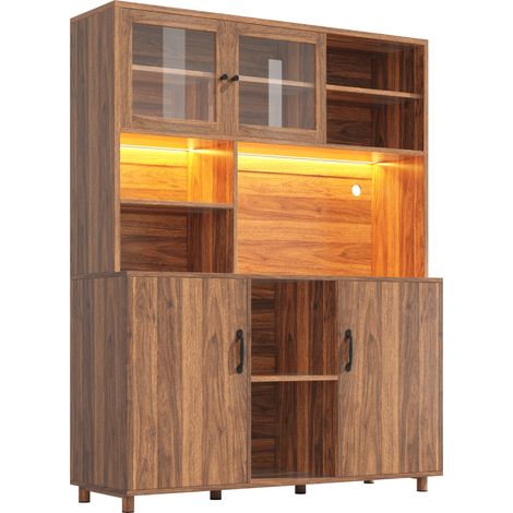 Aparador alto de cocina con LED 140x40x185 cm MDF y vidrio color nogal HOMVRA (1/5)