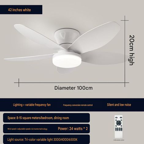 Deckenventilator mit LED-Beleuchtung, leiser Deckenventilator mit variabler Geschwindigkeit für Wohnzimmer, Schlafzimmer, Esszimmer und Büro, 100 cm Durchmesser (42 Zoll), 1 Stück, weiß mit weißen Flü (1/5)