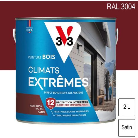 V33 – Peinture bois extérieur Climats Extrêmes RAL 3004 rouge basque satin 2L – Résistance -40°C à +60°C – Barrière imperméable