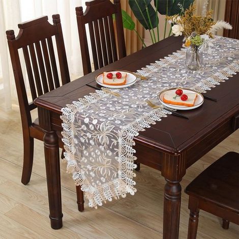 Camino de mesa，mantel con flores blancas，camino de mesa calado，decoración de mesa，camino de mesa vintage，decoración del hogar，40x120cm，marrón (1/5)