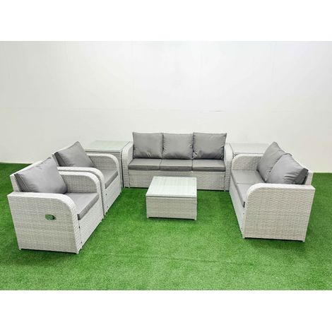 Fimous PE Rattan Garden Furniture Set Adjustable Chair Sofa Double Love Seat 2 Seater Sofa Lounge Set Square Coffee Table 2 Side Table Light Grey (1/4)