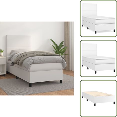 Sommier à lattes de lit avec matelas Blanc 100x200cm Similicuir - Lit Plateforme - Lit Double - Literie Blanche - Matelas À Ressorts Ensachés - Tête De Lit Ajustable (1/5)