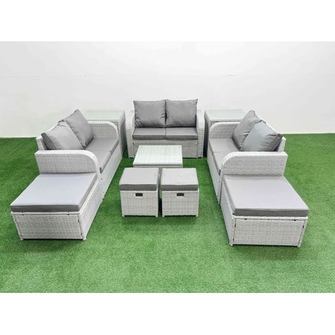 Fimous Outdoor Garden Furniture Set PE Rattan Love Sofa Set with Coffee Table 4 Footstools 2 Side Tables Light Grey (1/4)