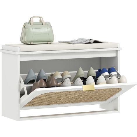 HOMCOM banco zapatero boho estrecho con asiento acolchado, puerta de ratán, cajón abatible, estante ajustable, para 8 pares, 80x26x47,5 cm, blanco (1/5)