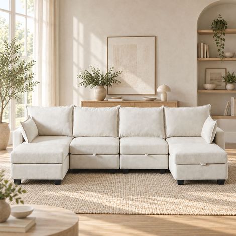 Canapé d'angle modulable 6 places en chenille beige, convertible en couchage, configuration U/L, pouf mobile et rangements intégrés (1/5)