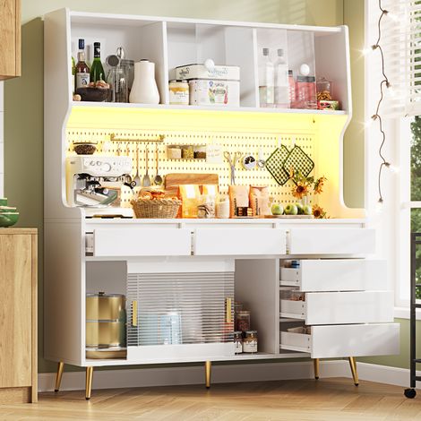 Buffet haut 144,9x39x171 cm en MDF, métal et verre blanc, LED pour salle à manger – MEUBLIV (1/5)