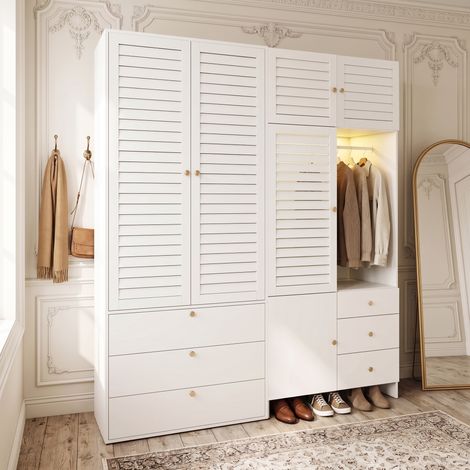 Armoire 180 cm avec panier à linge, éclairage LED, 2 penderies et 6 tiroirs, grand meuble de rangement moderne en panneaux de particules, Blanc (1/5)
