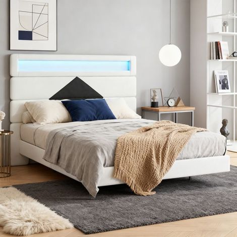 Cama 140x190 cm capitoné TONIU beige de terciopelo con LED y puertos USB, somier incluido
