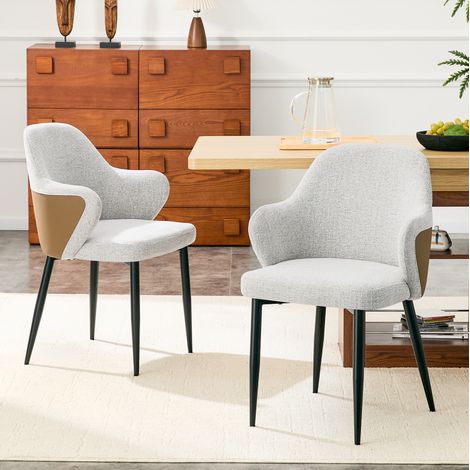 Set di 2 sedie da sala da pranzo in tessuto grigio chiaro, h 83 cm, schienale PU marrone DESVIAE (1/5)