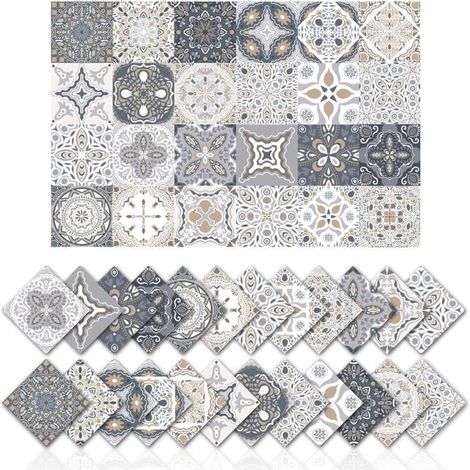 Lot de 24 autocollants carrelage 15x15 cm – Décoration murale adhésive en PVC imperméable – Carreaux de ciment vintage géométriques (1/5)