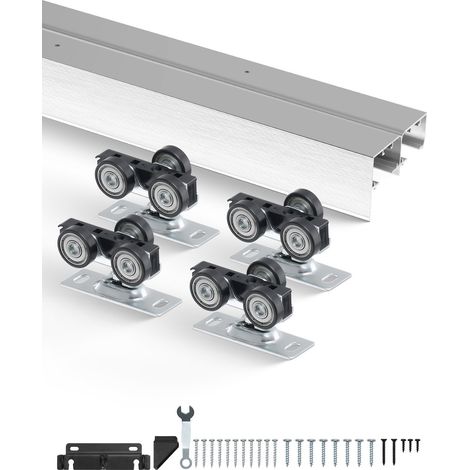 Kit quincaillerie pour porte coulissante 1828 mm, kit rail pour porte de placard coulissante robuste en alliage d'alu avec poignées à doigts, pour système 2 portes, pour épaisseur porte 35-45 mm (1/5)