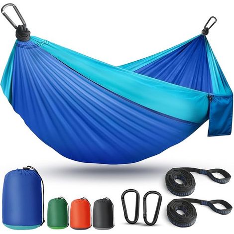 Hamac 2 places - Hamac de voyage - Hamac de camping - Hamac portable et respirant - Accessoires de camping - Sac de rangement, mousquetons et sangles inclus - Idéal pour le jardin, les activités de pl (1/5)