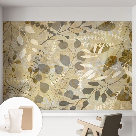 Papier peint intissé mural avec imprimé pour décoration pour salon pour chambre à coucher pour entrée Feuilles et brindilles 152x104 cm (1/5)