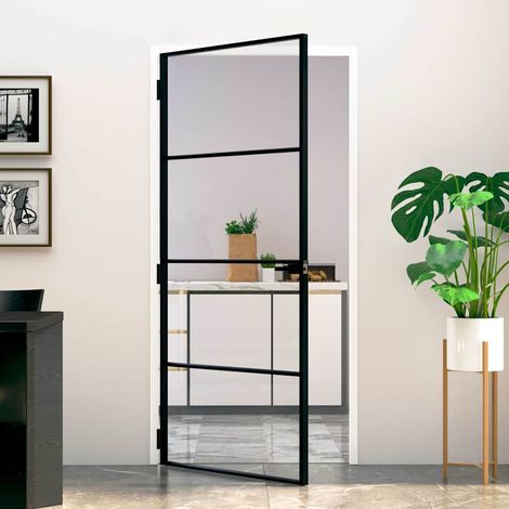 Porte intérieure, noire, 93 x 201,5 cm, verre trempé et aluminium, design fin