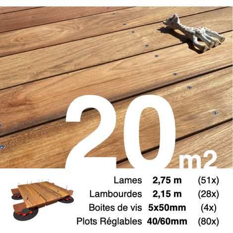 Kit complet terrasse bois exotique JATOBA pour 20 m² • Lames 2,75 m, lambourdes 2,15 m, plots réglables et visserie Inox • Livraison gratuite