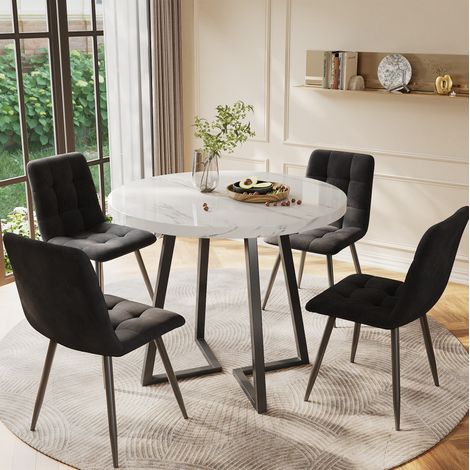 Conjunto mesa y 4 sillas redonda 80 cm, 5 piezas, MDF efecto mármol, patas metal HAVRYA (1/5)