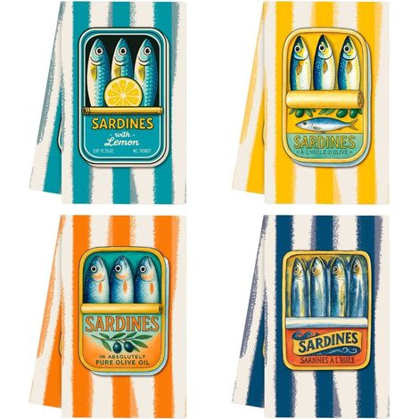 Paños de cocina sardinas retro multicolor 68 cm, set de 4 (1/5)