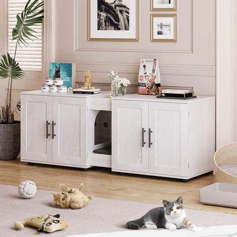 Bac à litière pour chat, Meubles de bac à litière cachés, Maison intérieure pour animaux de compagnie en bois,140x45x57cm,Blanc (1/5)
