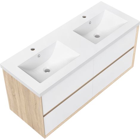 Meuble salle de bain suspendu 120 cm avec double vasque + 4 tiroirs, Blanc et Chêne (1/5)