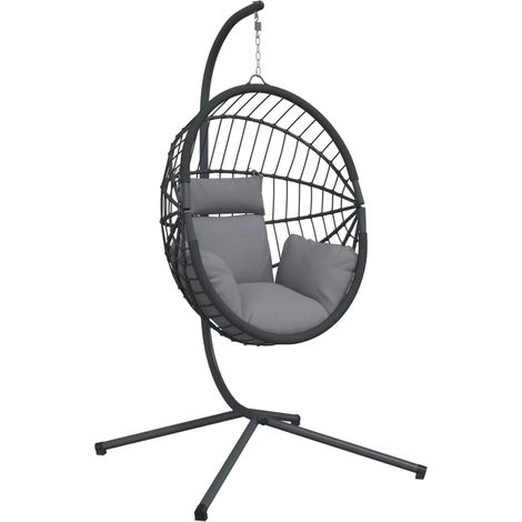 Chaise suspendue en forme d'œuf et support gris rotin et acier (1/5)