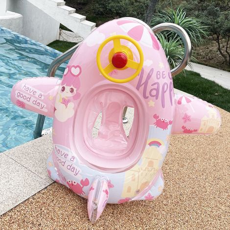 Tapis de bain bébé avec siège de sécurité, volant, bouée gonflable en forme d'avion pour enfants, aide à l'apprentissage de la natation rose (1/5)