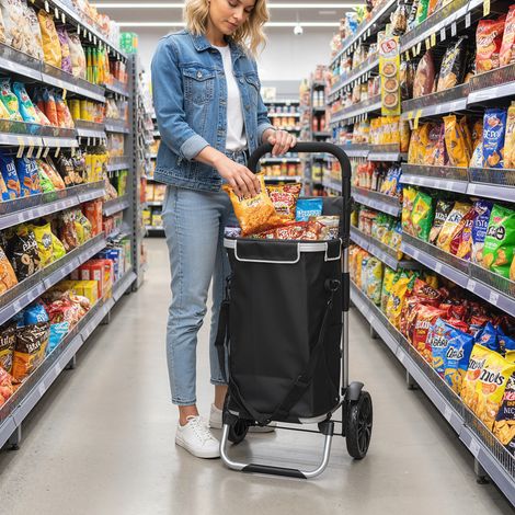 3-in-1 Einkaufstrolley klappbar mit 40L Kapazität belastbar Trolley bis 25kg mit Kühlfach Schwarz