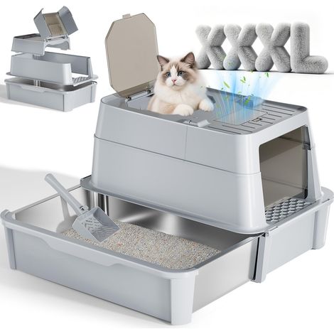 Litière fermée XXL en acier inoxydable pour chat avec couvercle et tiroir, couvercle rabattable à 110°, grande capacité avec pelle et pédale, sans odeur, anti-fuite et facile à nettoyer (1/5)