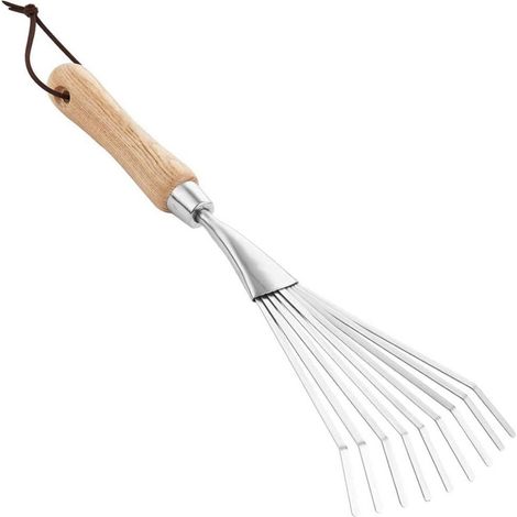 Râteau à gazon portatif Gowsch en acier inoxydable à 9 dents avec manche en bois - Outil de jardinage robuste (1/5)