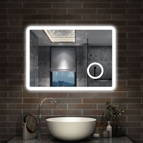 AICA - Specchio con led 80X60cm.Bluetooth + Ingrandimento 3X + 3 Temperature di Colore + Antiappannamento