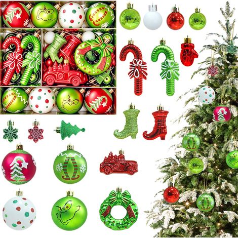 Boules de Noel, 51 Pièces 3.5-11cm Plastique incassable Boule Sapin de NoelStyle Grinch / 51 Pièces