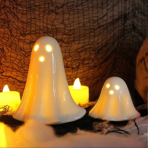 Lot de 2 fantômes en céramique LED, petites figurines de fantômes blancs, décorations lumineuses, sculptures effrayantes pour Halloween (1/5)