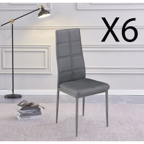Lot de 6 chaises de salle à manger en PU coloris gris avec pieds chromés - Longueur 41 x profondeur 52 x hauteur 98 cm -PEGANE-