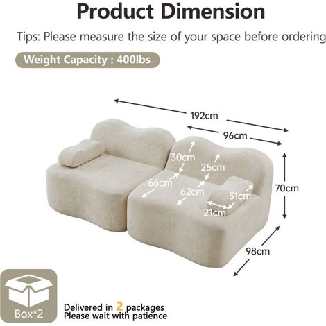 Canapé droit 2 places modulaire – Mousse haute densité 32D, design vague, beige – Simplicité chaleureuse (1/5)