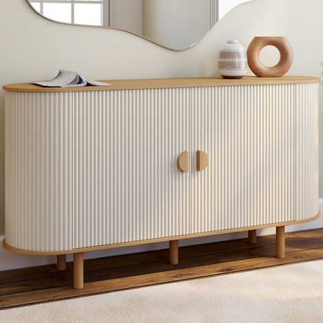 Aparador KANEL 2 puertas efecto estriado beige y madera 140 cm