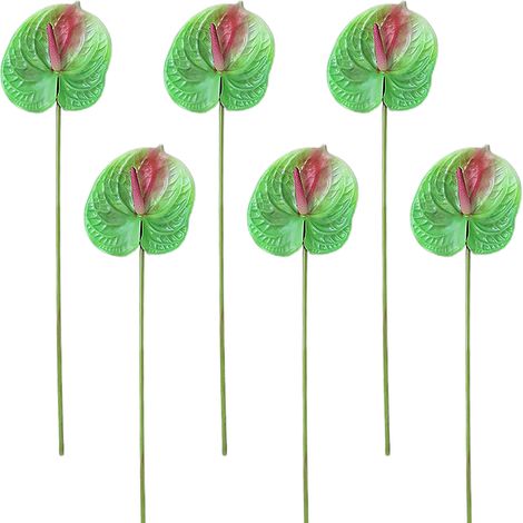 Sechs Stiele pro Strauß, gebogen und verpackt. [Grün] Set mit 6 künstlichen Anthurien, 3D-gedruckt aus EVA. Künstliche Topfpflanzen für die Dekoration von Wohnräumen und Hochzeitsarrangements. (1/3)