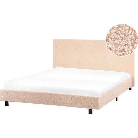 Cama doble tapizada bouclé 140 x 200 cm con somier y cabecero beige Albi
