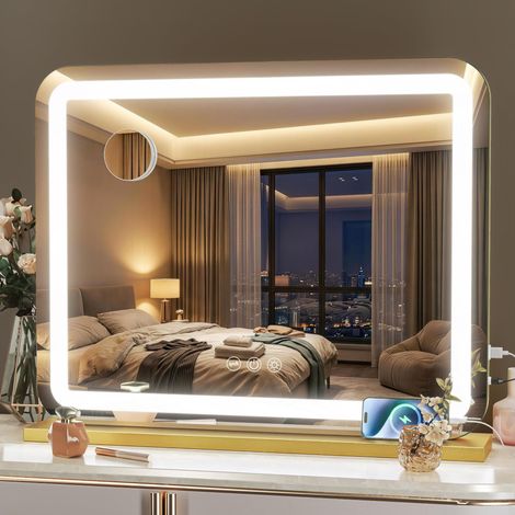 Miroir de beauté avec lumières, 55 x 45 cm Miroir de Maquillage LED avec grossissement 10x et 3 températures de Couleur, Miroir de Table à Commande Tactile, Rotation à 360°, Rond doré (1/5)