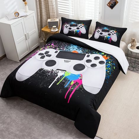 Parure de lit avec housse de couette 135 x 200 cm, motif manette de jeu vidéo, blanc, pour adolescents, enfants, chambre à coucher - Décoration multicolore - Motif manette de jeu moderne (1/5)
