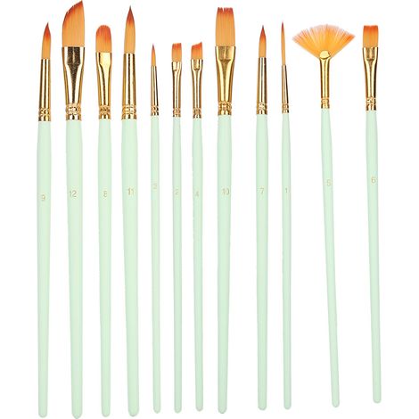 Kit de 12 pinceaux en nylon vert mat pour aquarelle, outils de peinture artistique, fournitures de loisirs créatifs. (1/5)