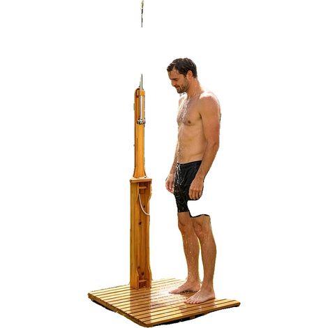 Douche de jardin, bois résistant aux intempéries, hauteur réglable de 1,80 à 2,10 mètres, adaptée à une utilisation en extérieur, résiliente aux conditions météorologiques, assemblage requis (1/5)