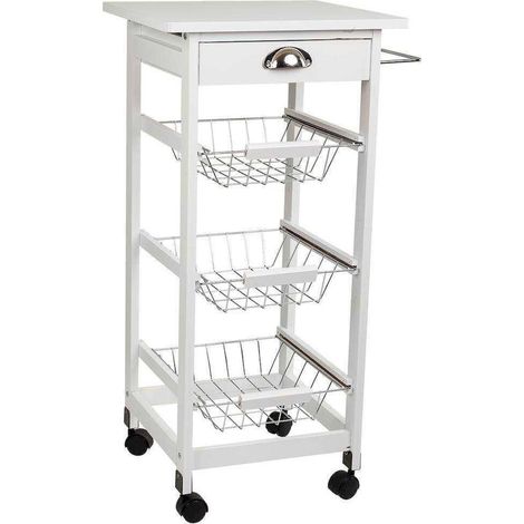 chariot de cuisine blanc en bois avec paniers et roulettes - blanc bois clair et métal argenté (1/5)