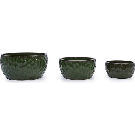 Set di 3 vasi in ceramica smaltata verde effetto martellato con foro di drenaggio (1/5)