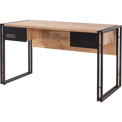 Bureau 2 tiroirs style industriel bois chêne clair et métal noir Dukita 139cm (1/5)
