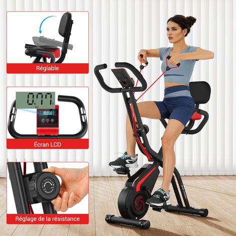 Vélos d'appartement droits 10 Niveaux Résistance Magnétique Vélo d'Appartement pliable Écran LCD Silencieux Charge Max 150 kg Fitness multifonctionnel Rouge